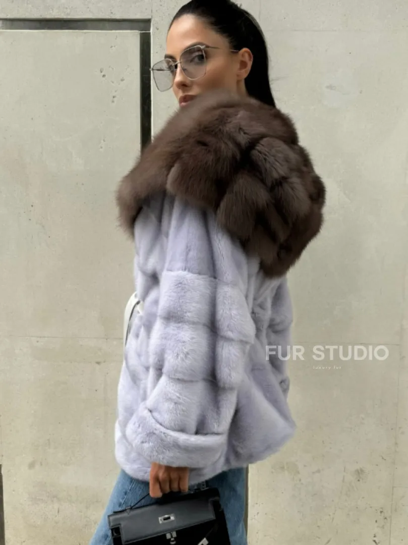 Шуба норковая с капюшоном из меха куницы - цвет голубой - фото 9
