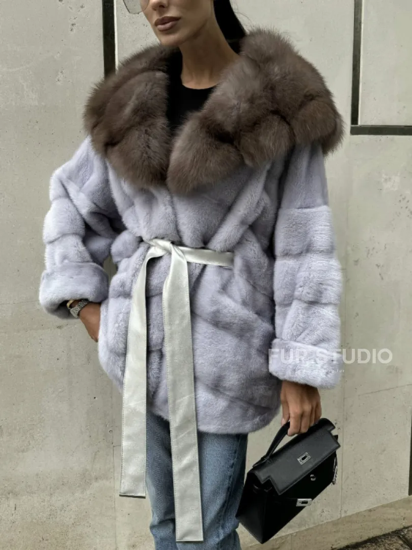 Шуба норковая с капюшоном из меха куницы - цвет голубой - фото 5