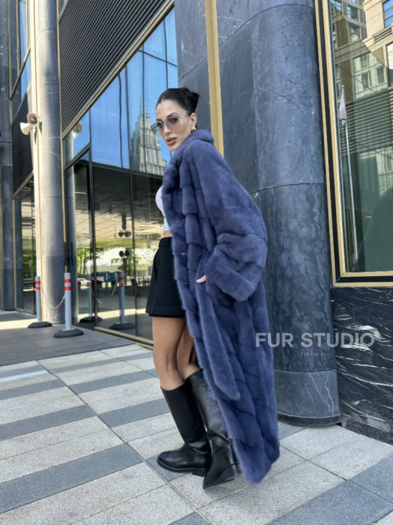 Норковая шуба с английским воротником - цвет джинс - фото 13