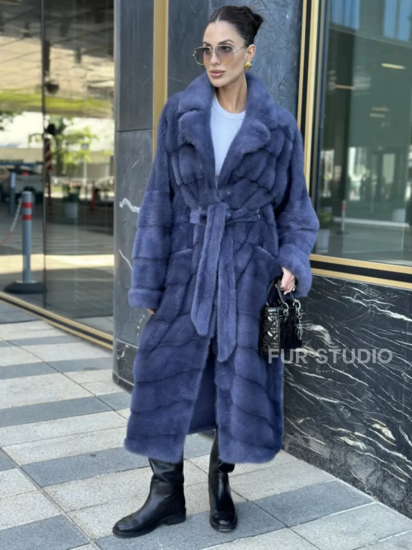 Норковая шуба с английским воротником - цвет джинс - фото 4