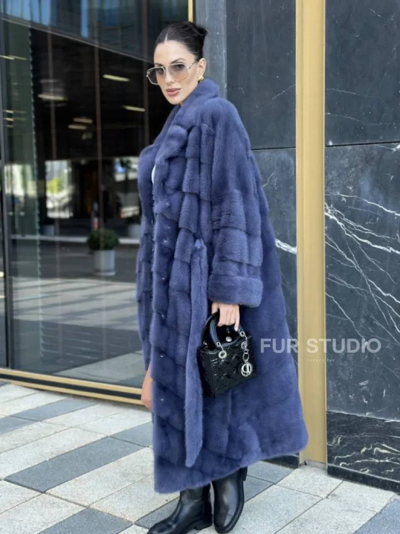Норковая шуба с английским воротником - цвет джинс - фото 5