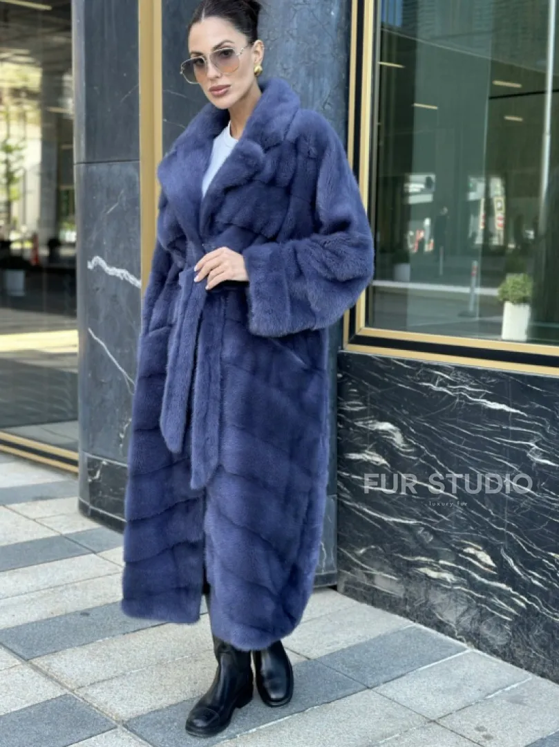 Норковая шуба с английским воротником - цвет джинс - фото 2
