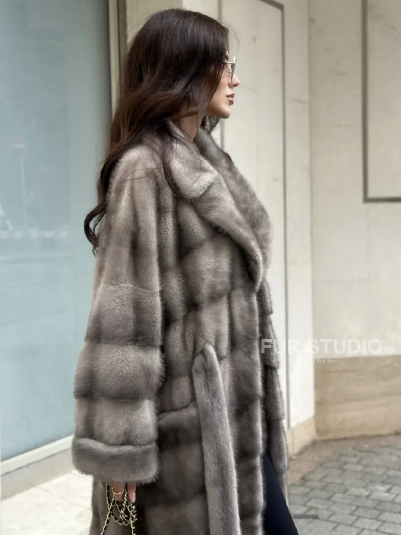 Шуба из норки  серого цвета - сапфир с английским воротником - фото 3