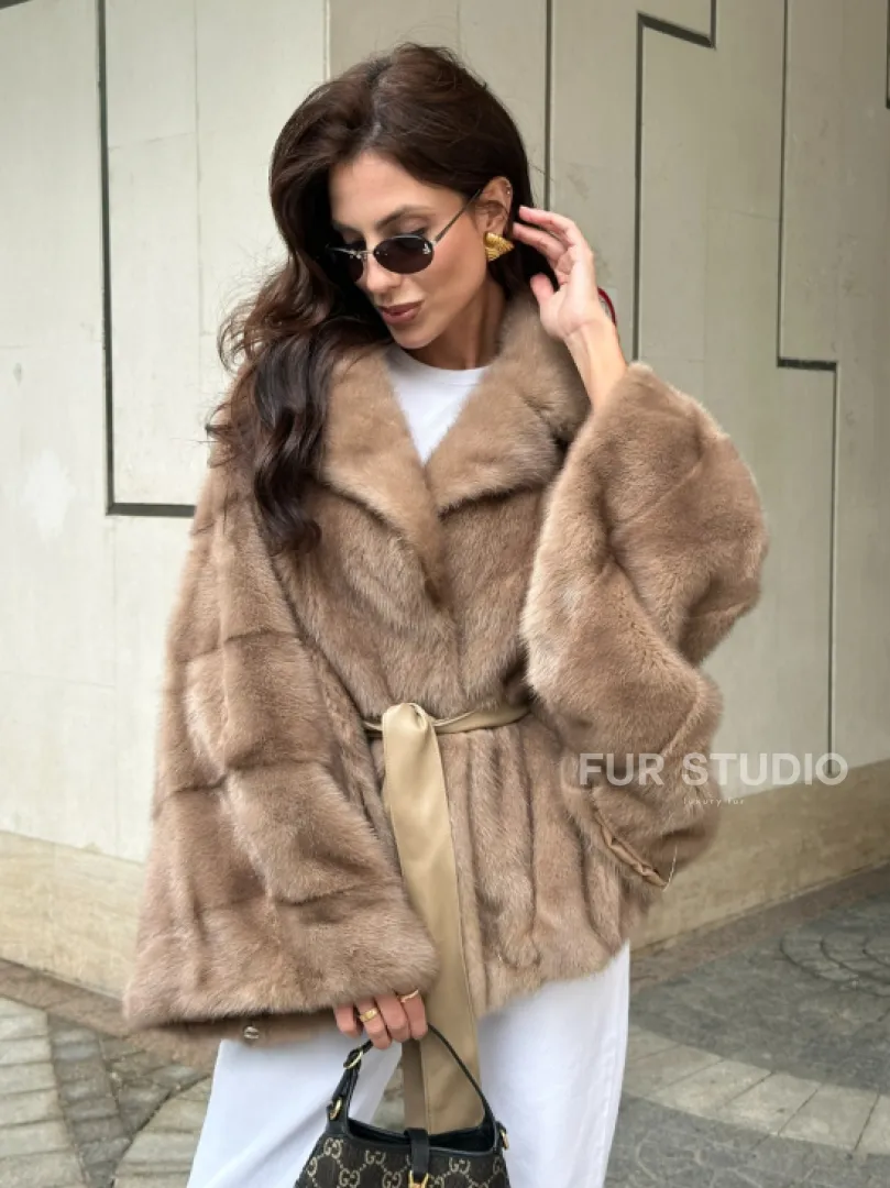 Шуба автоледи из норки цвет бежевый - фото 4