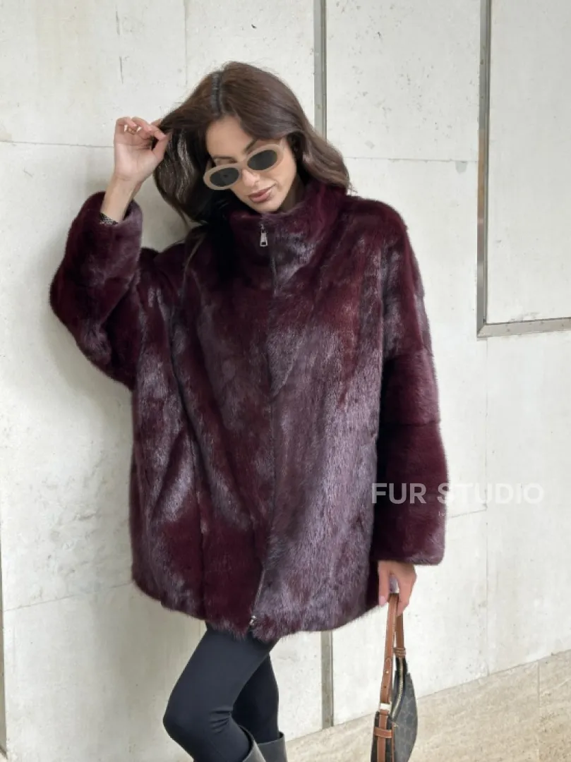 Женская норковая курточка - цвет бордо - фото 8