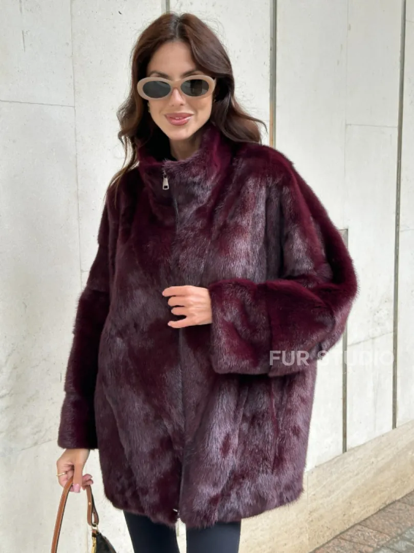 Женская норковая курточка - цвет бордо - фото 0