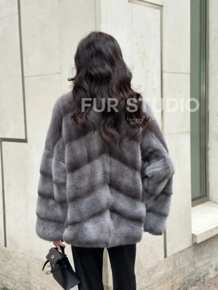 Норковый полушубок с английским воротником - цвет Platinum - фото 8