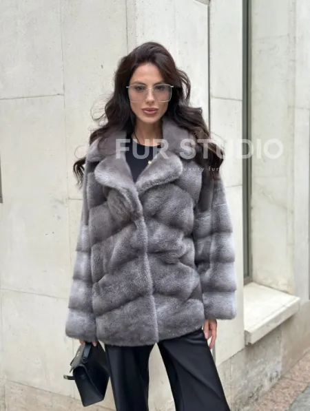 Норковый полушубок с английским воротником - цвет Platinum - фото 6