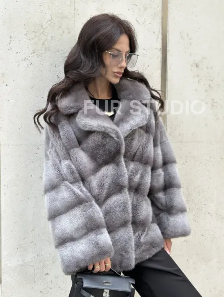 Норковый полушубок с английским воротником - цвет Platinum - фото 4