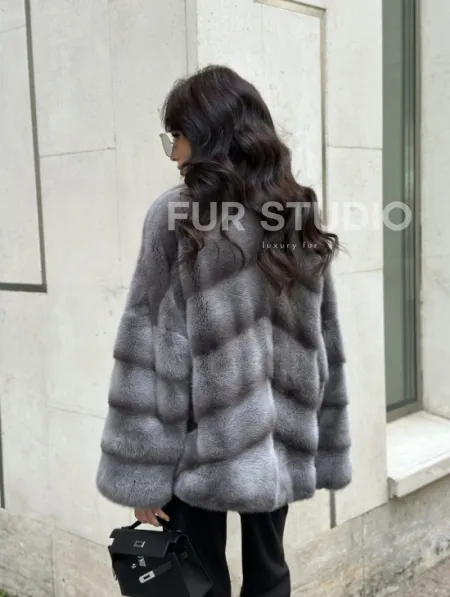 Норковый полушубок с английским воротником - цвет Platinum - фото 7