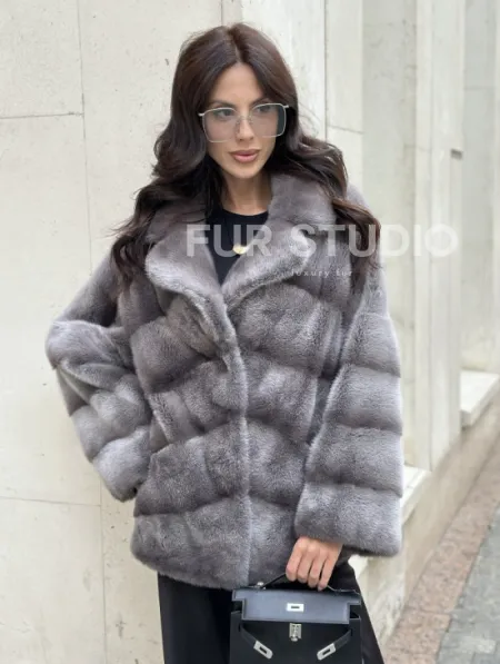 Норковый полушубок с английским воротником - цвет Platinum - фото 0