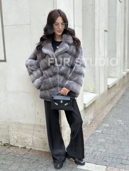 Норковый полушубок с английским воротником - цвет Platinum - фото 11