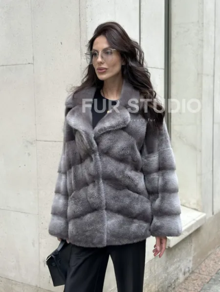 Норковый полушубок с английским воротником - цвет Platinum - фото 5