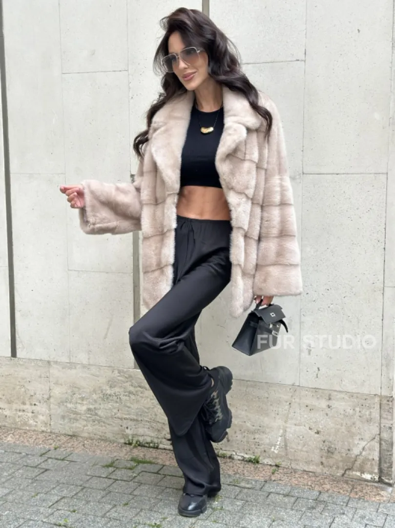 Шуба из меха норки английский воротник пудра - фото 11