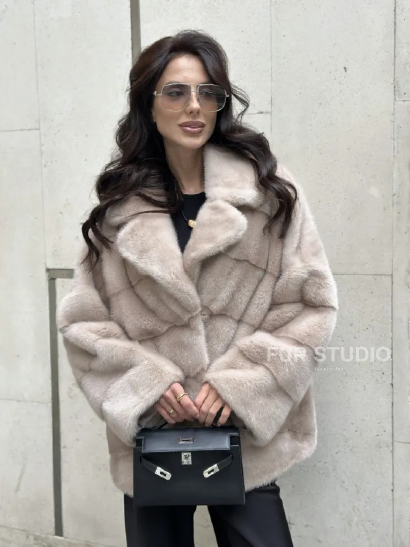 Шуба из меха норки английский воротник пудра - фото 5
