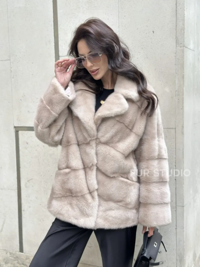 Шуба из меха норки английский воротник пудра - фото 6