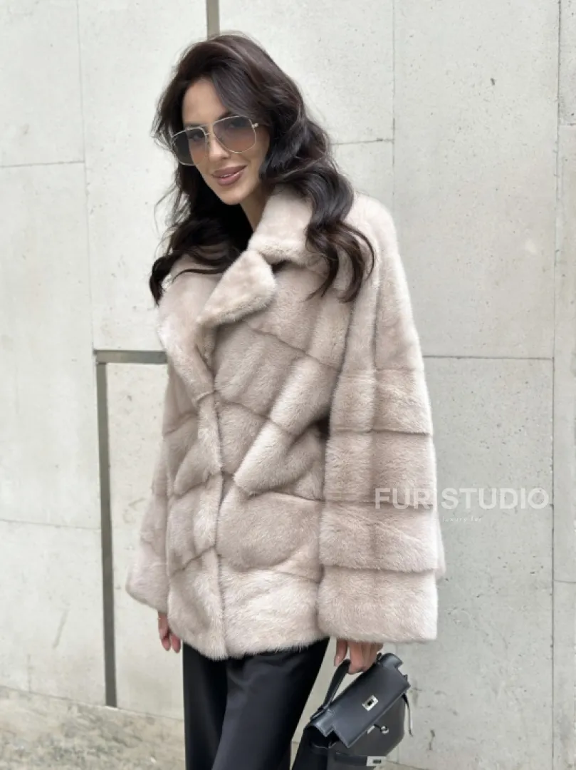 Шуба из меха норки английский воротник пудра - фото 7