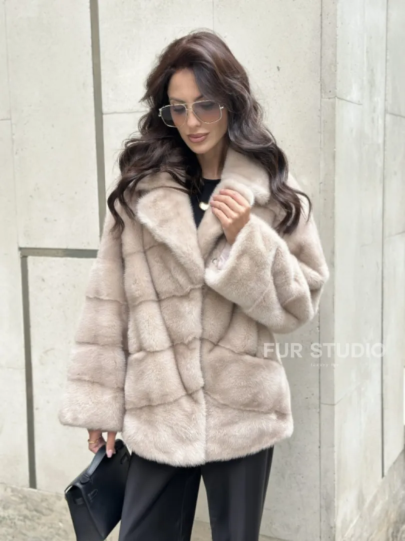 Шуба из меха норки английский воротник пудра - фото 4