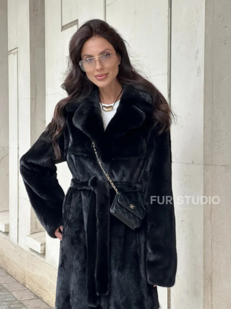 ЧЁРНАЯ НОРКОВАЯ ШУБА NAFA MINK С ПОЯСОМ В ПОЛ