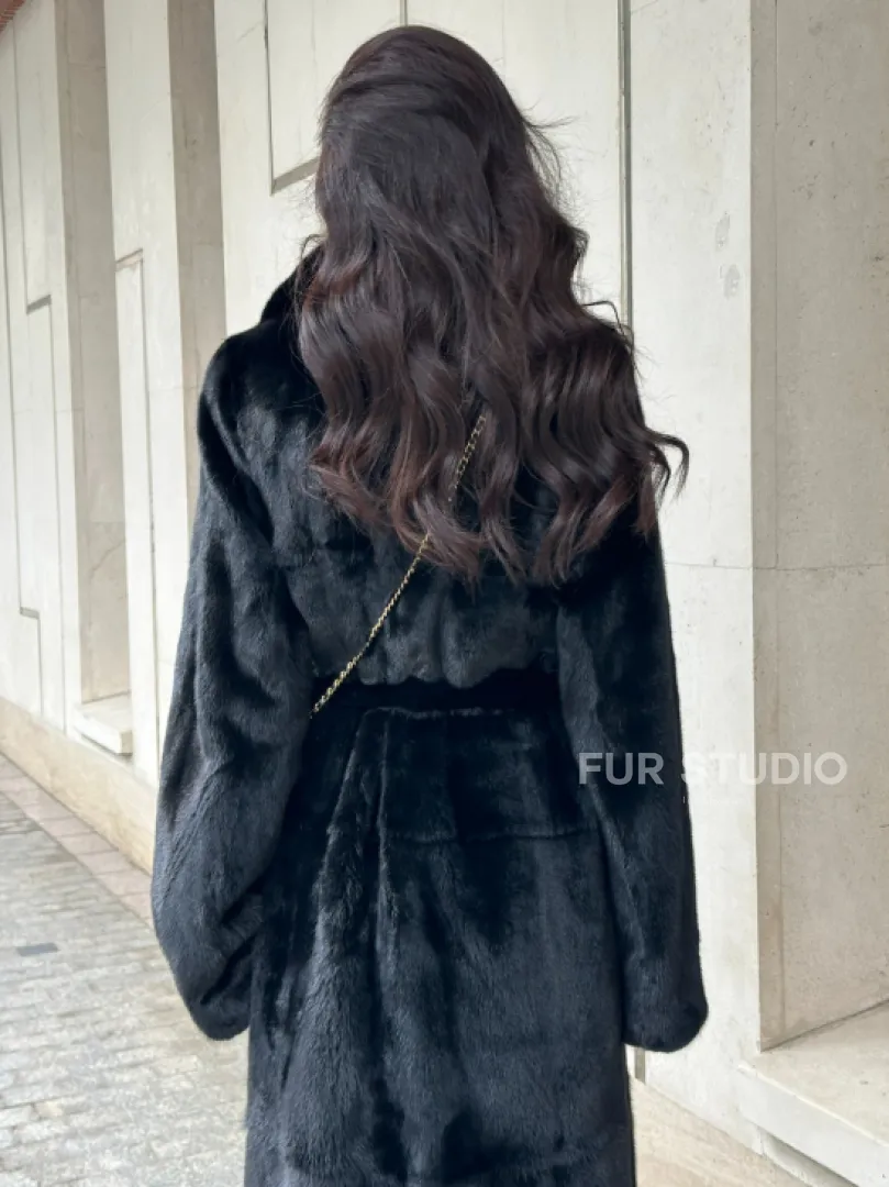 ЧЁРНАЯ НОРКОВАЯ ШУБА NAFA MINK С ПОЯСОМ В ПОЛ