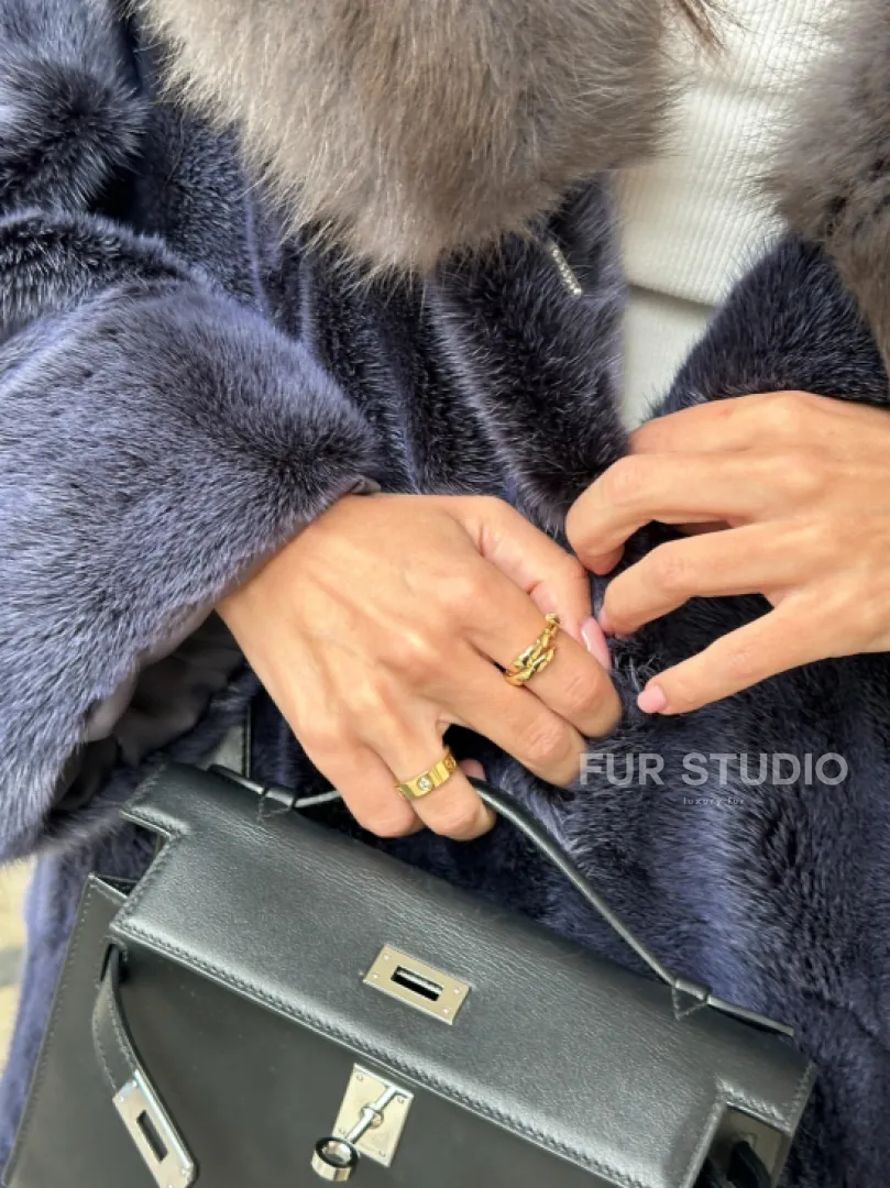 Длинная шуба из норки с капюшоном из куницы - цвет синий графит - фото 1