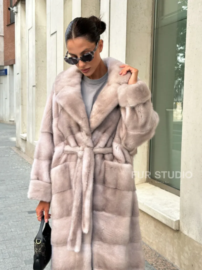 Шуба из импортной плюшевой норки английский воротник - нюд - фото 3