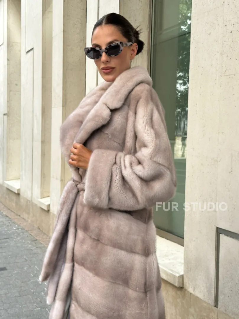 Шуба из импортной плюшевой норки английский воротник - нюд - фото 2
