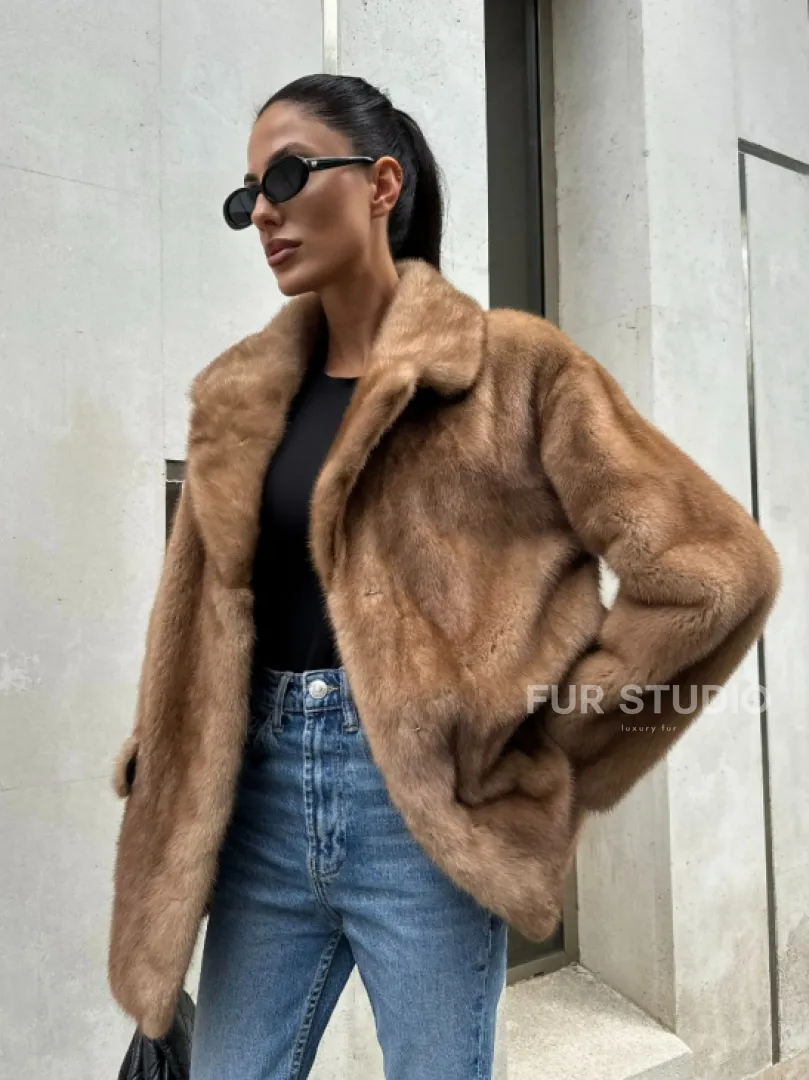 Женский норковый жакет в песочном цвете - фото 1