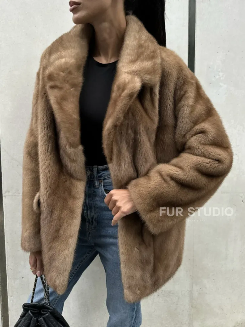 Женский норковый жакет в песочном цвете - фото 4