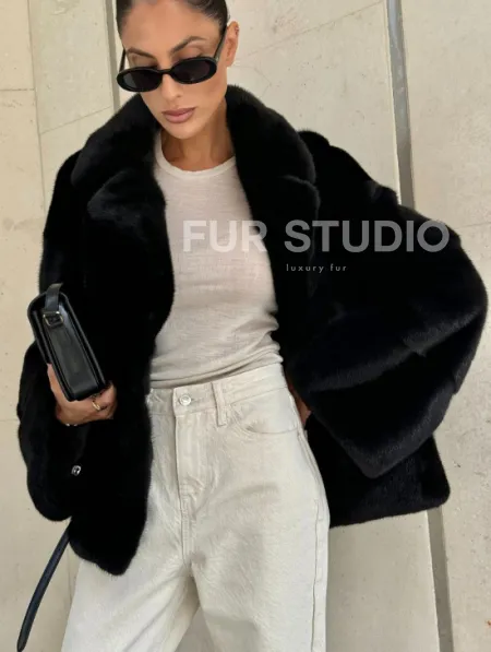 Полушубок из черной норки премиум аукциона - английский воротник - фото 2