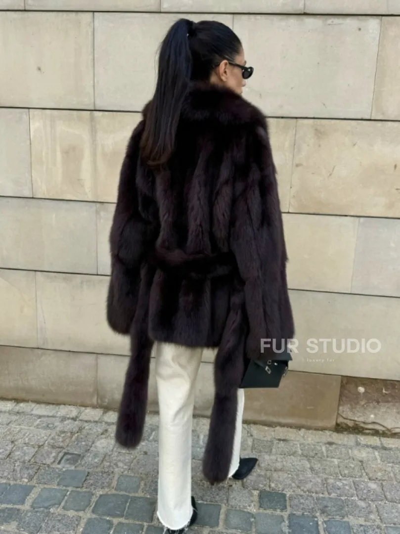 Шуба - жакет из меха куницы в цвете BURGUNDY - фото 7