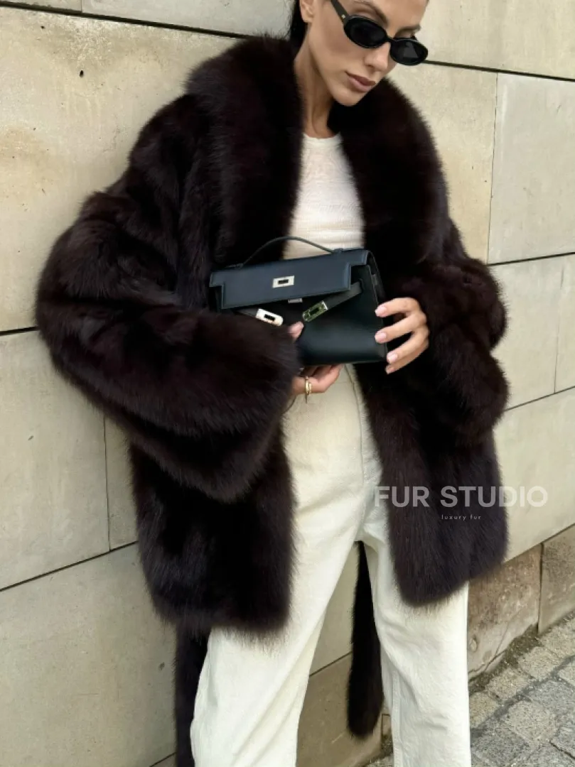 Шуба - жакет из меха куницы в цвете BURGUNDY - фото 4