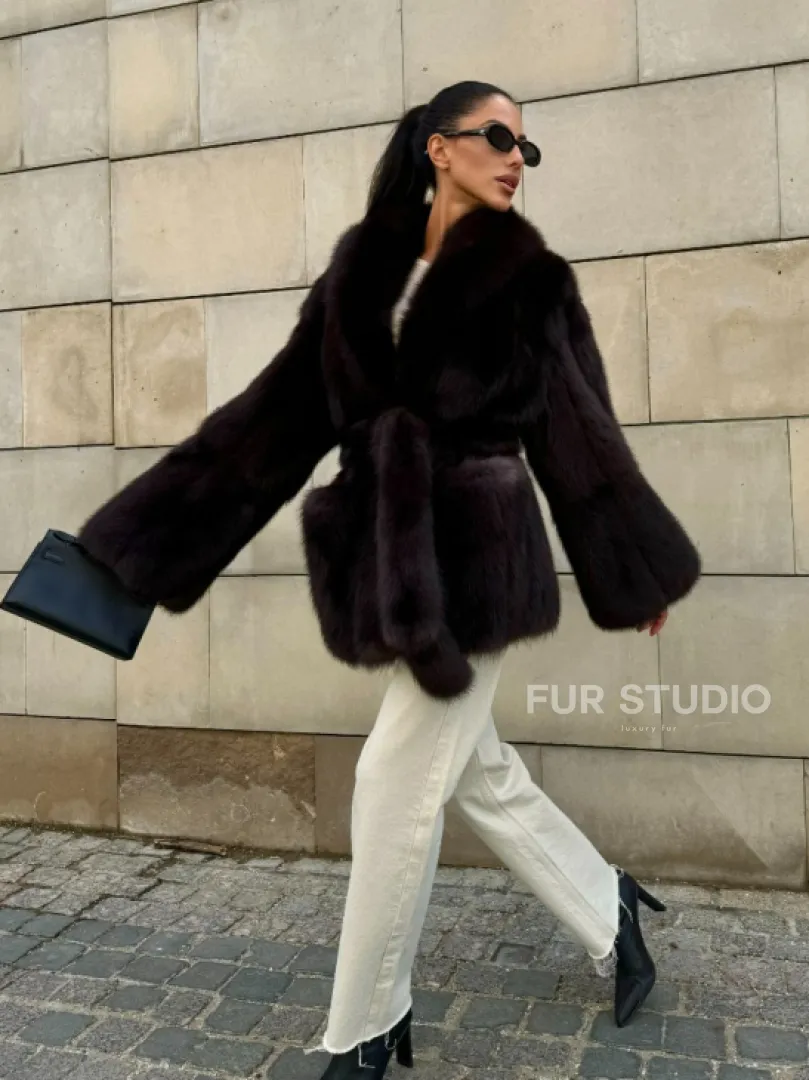 Шуба - жакет из меха куницы в цвете BURGUNDY - фото 13