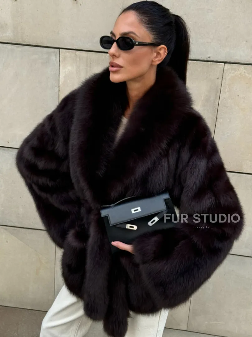 Шуба - жакет из меха куницы в цвете BURGUNDY - фото 3