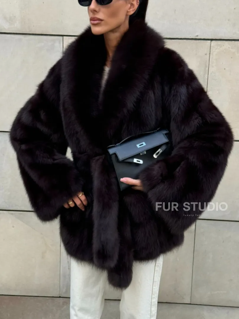 Шуба - жакет из меха куницы в цвете BURGUNDY - фото 2