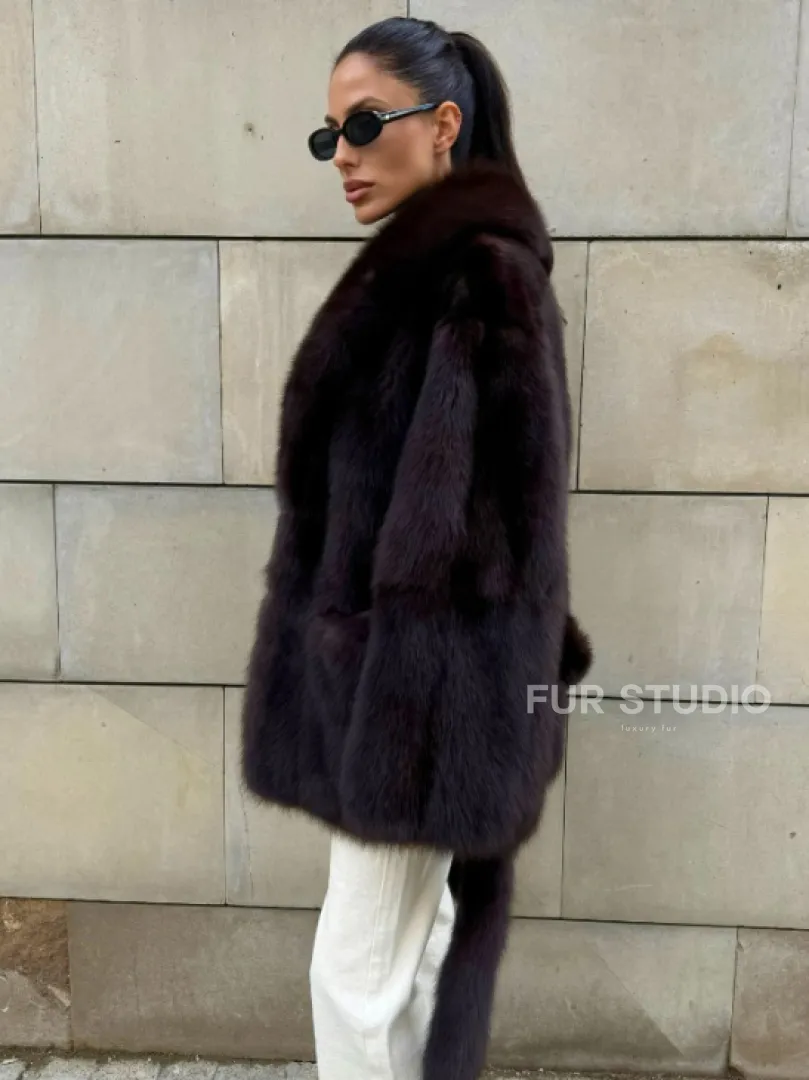 Шуба - жакет из меха куницы в цвете BURGUNDY - фото 6