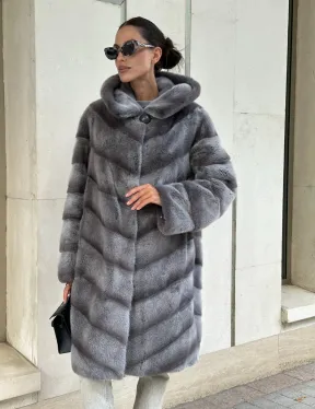 Норковая шуба с капюшоном - цвет PLATINUM (СЕРЫЙ)