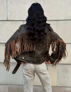 Куртка из натуральной кожи с бахромой «Vintage» - коричневая
