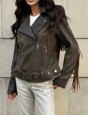 Куртка из натуральной кожи с бахромой «Vintage» - коричневая