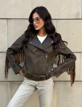Куртка из натуральной кожи с бахромой «Vintage» - коричневая