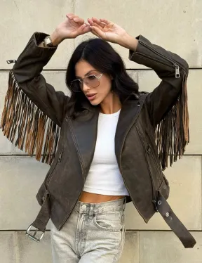 Куртка из натуральной кожи с бахромой «Vintage» - коричневая