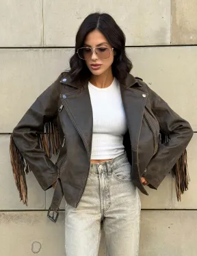 Куртка из натуральной кожи с бахромой «Vintage» - коричневая