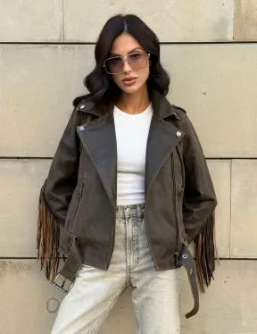 Куртка из натуральной кожи с бахромой «Vintage» - коричневая