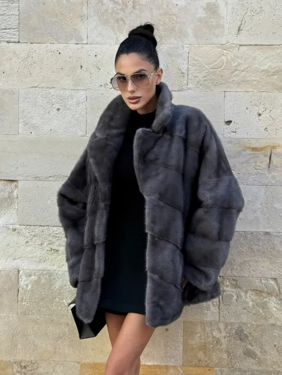 Короткая норковая шуба с английским воротником - цвет графит