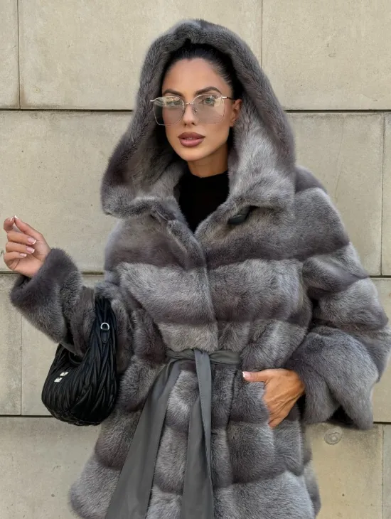 Норковая шуба с рукавом трансформер, капюшон - цвет PLATINUM (СЕРЫЙ)