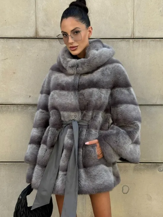 Норковая шуба с рукавом трансформер, капюшон - цвет PLATINUM (СЕРЫЙ)