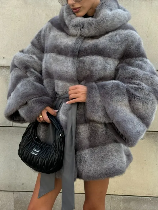 Норковая шуба с рукавом трансформер, капюшон - цвет PLATINUM (СЕРЫЙ)