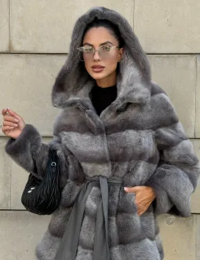 Норковая шуба с рукавом трансформер, капюшон - цвет PLATINUM (СЕРЫЙ)