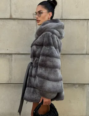 Норковая шуба с рукавом трансформер, капюшон - цвет PLATINUM (СЕРЫЙ)