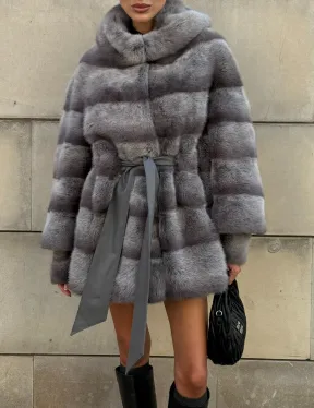 Норковая шуба с рукавом трансформер, капюшон - цвет PLATINUM (СЕРЫЙ)
